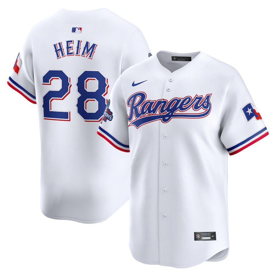 Men Texas Rangers 28 Jonah Heim Nike White Home 2023 World Series Champions Limited MLB Jersey